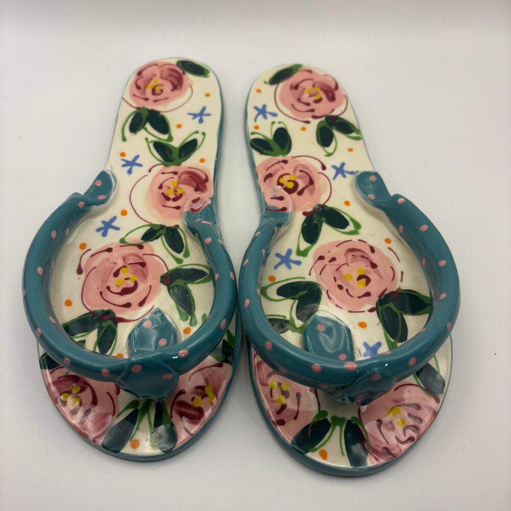 Key West Ceramic Wall Art Sculpture Flip Flops M. Ruley Blue Pink Roses Floral